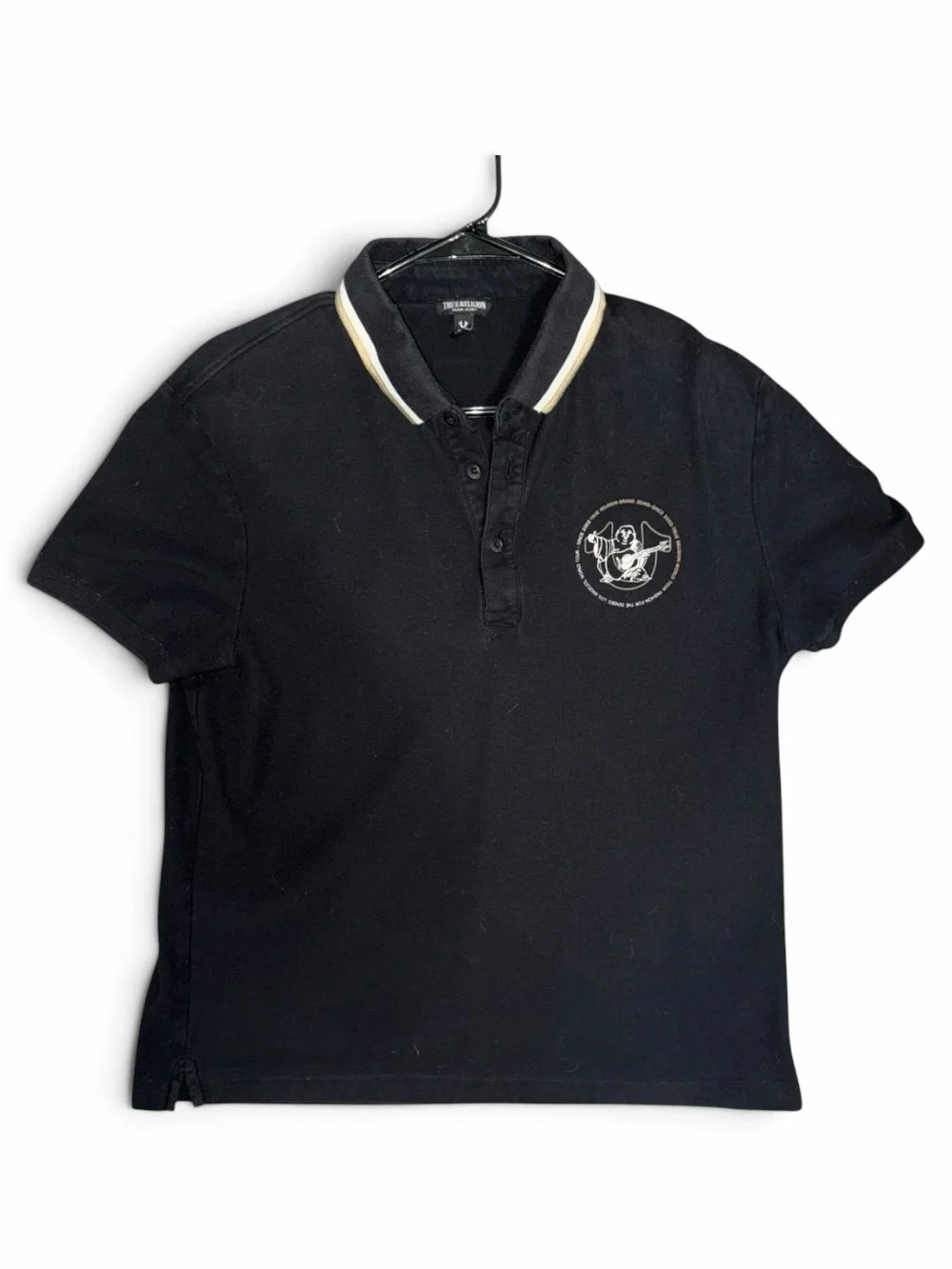 True Religion Black Polo with Cream Graphic Buddha Guitar